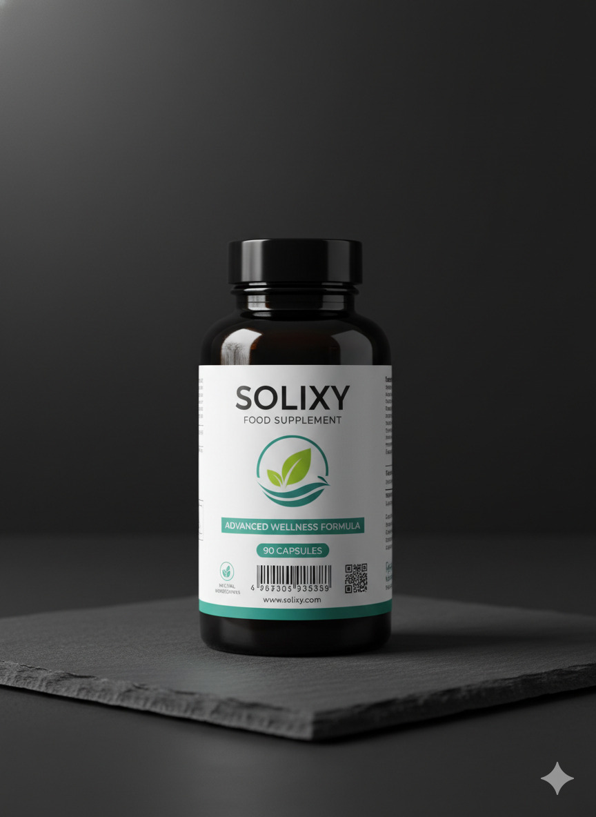 Solixy food supplement bottle with label visible on a dark studio surface